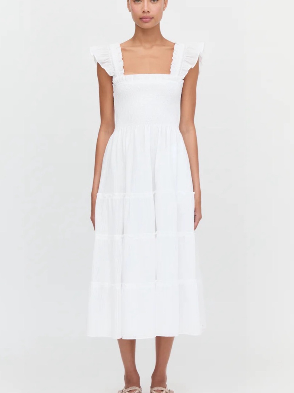 Hill House White Smocked Square-Neck Midi Dress